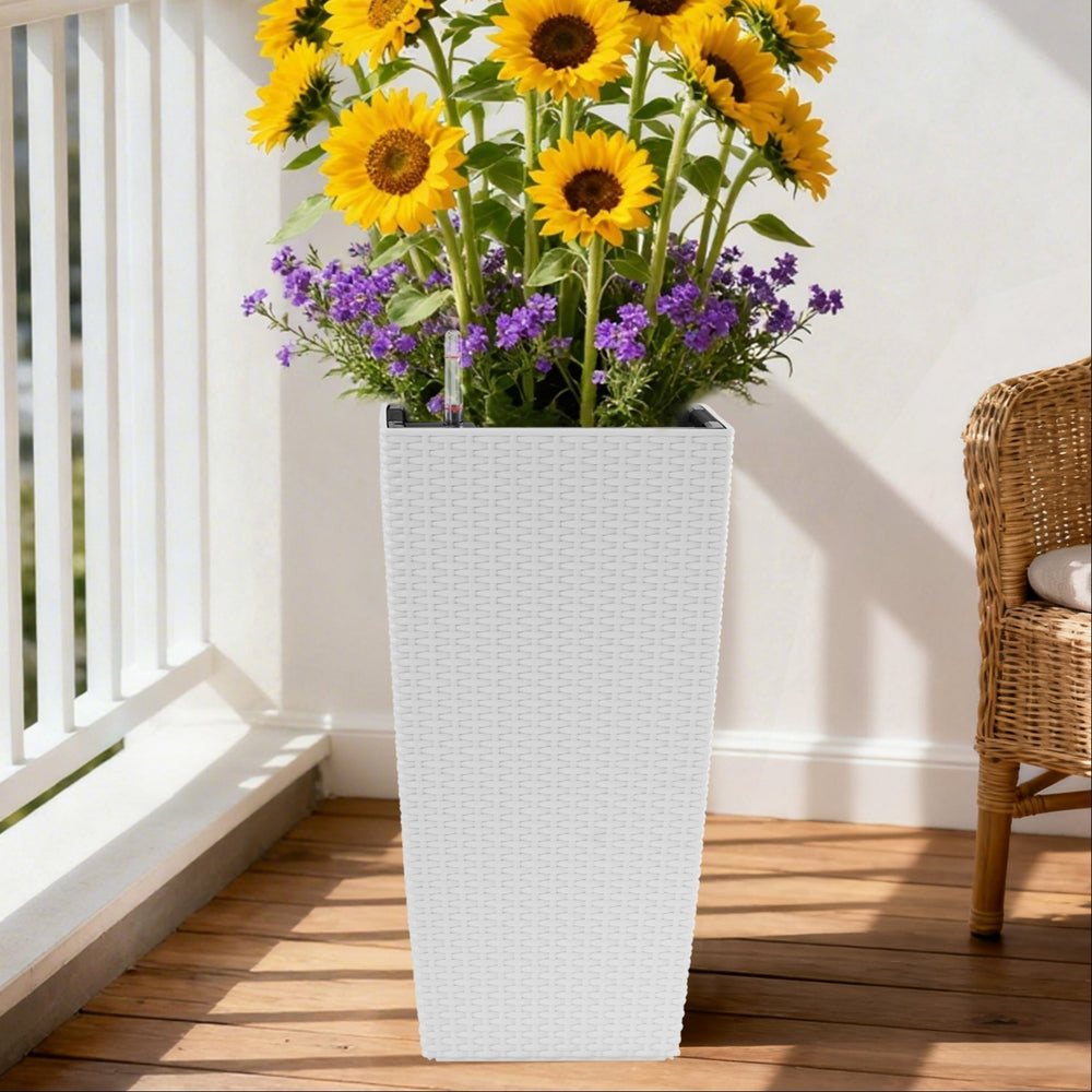 Pack of 2 Square Planter 22-Inch High Faux Rattan Design Flower Pot with Automatic Watering System for Porch, Patio, Backyard, Makes Keeping Flowers Easier White Media 2