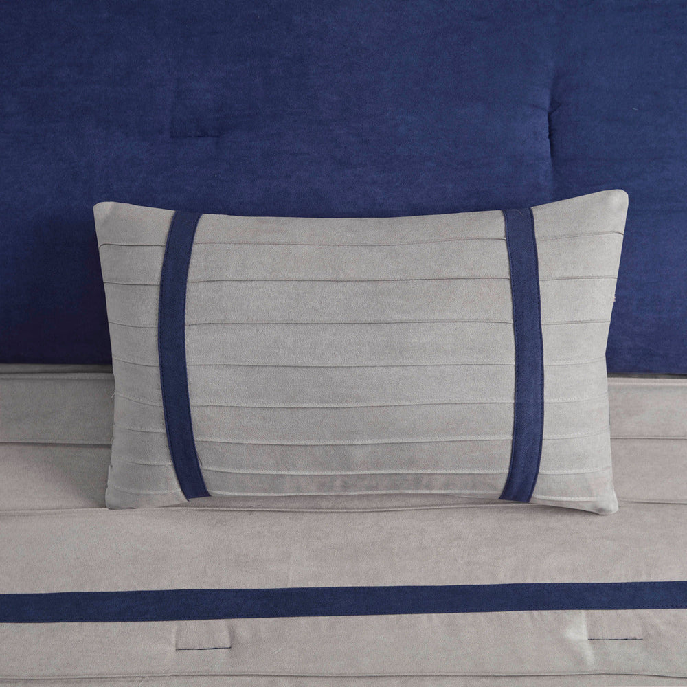 7 PC Pieced Faux Suede Comforter Set Blue Cal King Media 3