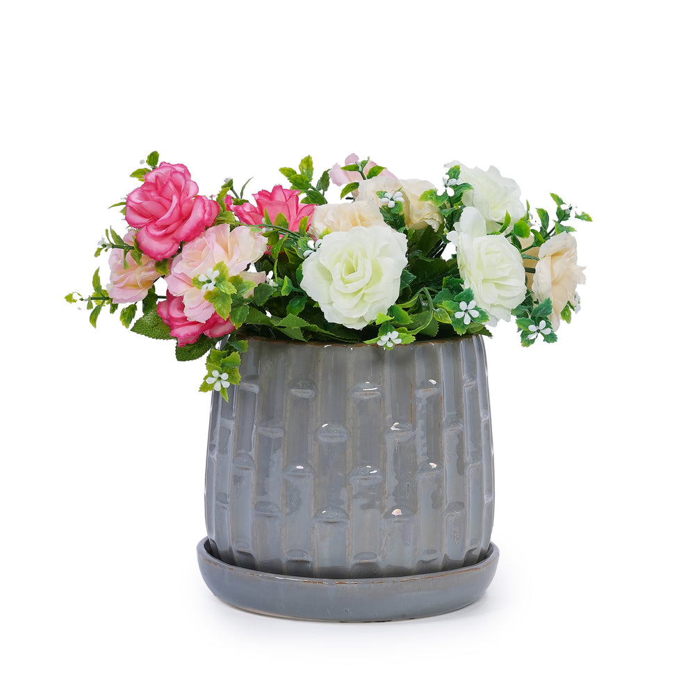 Handmade Gray Glazed Ceramic Planter Set of 2, 6' & 8' Diameter, Vertical Ribbed Pattern, for Succulents & Herbs Indoor/Outdoor Shelf & Table Use, Breathable Clay with Saucers Media 4