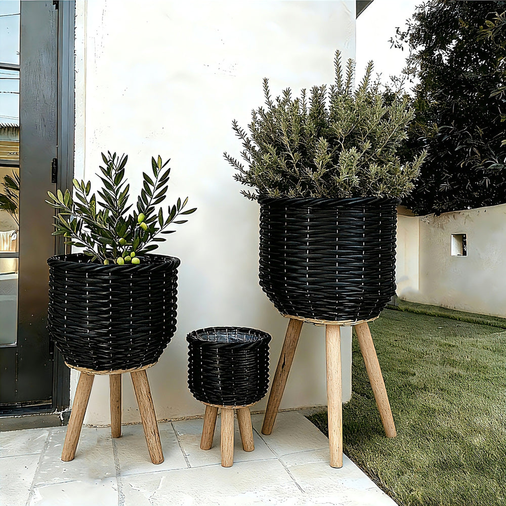 Set of 3 Black Poly Rattan Baskets with Rope Texture and Tapered Wooden Legs, L:12x12x23.5' M:10x10x17.5' S:8x8x13.5' Media 8