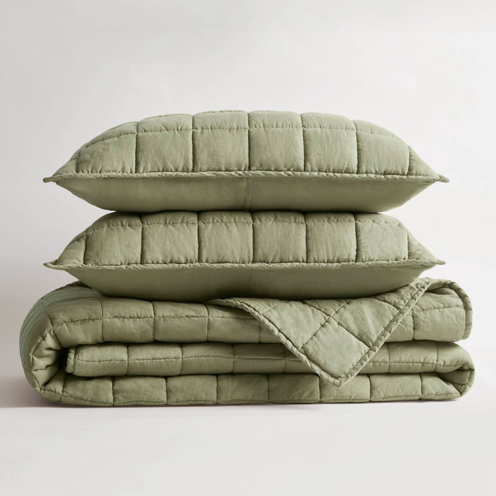 3-Piece Full/Queen Linen Garment Washed Quilt Set,Olive Green Media 7