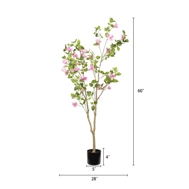 Artificial Bougainvillea Tree in Baby Pink with Green Leaves, Realistic Faux Plant in Black Plastic Pot, 60-Inch Indoor Decor for Home Office
