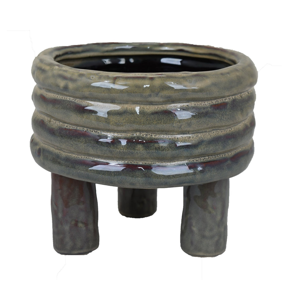 Garden Planter, Decorative Turned Style Glossy Gray Ceramic, 10 Inch