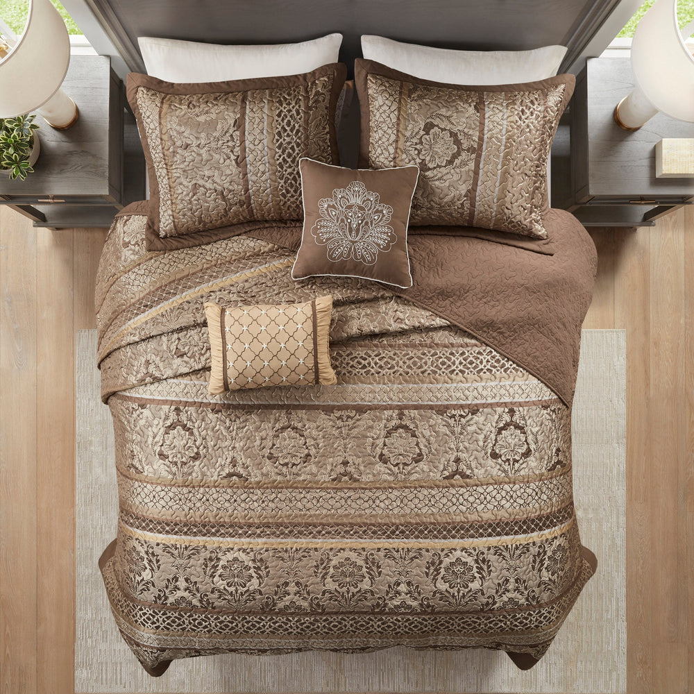 5 Piece Reversible Jacquard Bedspread Set Brown/Gold King Media 7