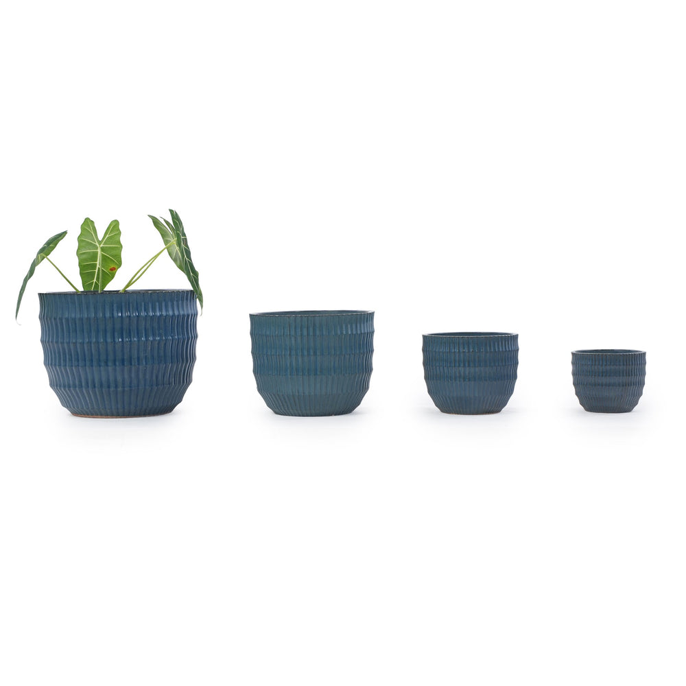 Handmade Denim Blue Glaze Ceramic Planter Set of 4, 7/9/12/14 Inch, Horizontal Grooves, Indoor & Outdoor Herb Succulent Pots, Breathable Clay with Drainage Holes Media 4