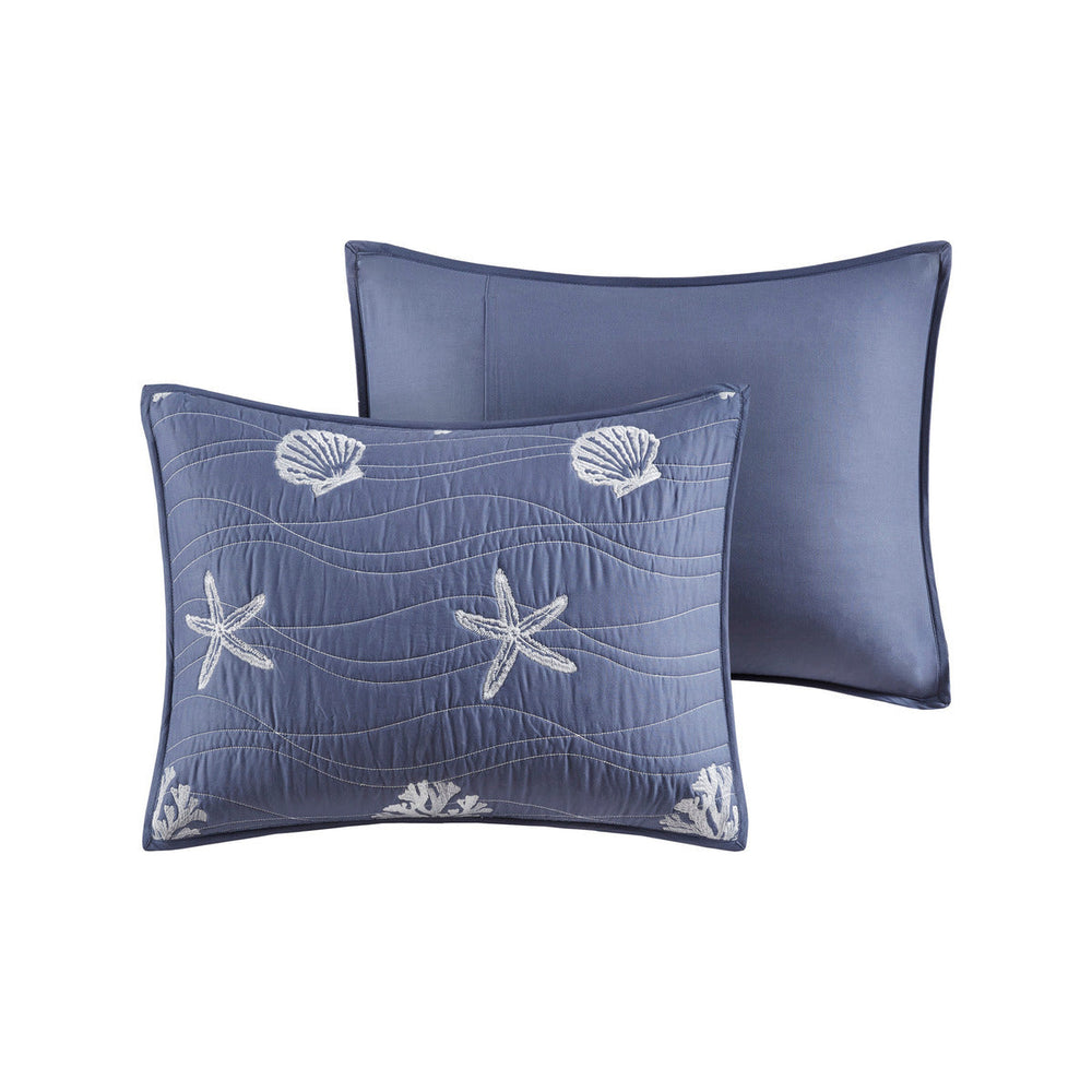 4 Piece Cotton Reversible Embroidered Quilt Set with Throw Pillow Navy Full/Queen Media 8
