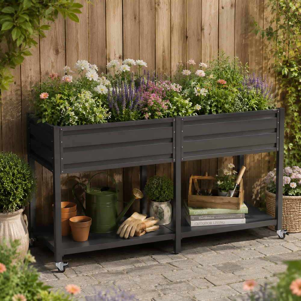 Dual Tier Elevated Metal Raised Garden Bed with Lockable Wheels & Lower Storage Shelf, Dark Gray Staggered Raised Planter Box for Vegetables Herbs Flowers, Outdoor Patio Backyard Raised Planting Bed Media 3