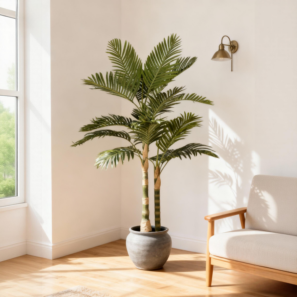 5FT Golden Cane Artificial Palm Tree with Black Plastic Pot, Tropical Fake Plant for Indoor Outdoor Decoration, Faux Palm, 1pc/set Media 2