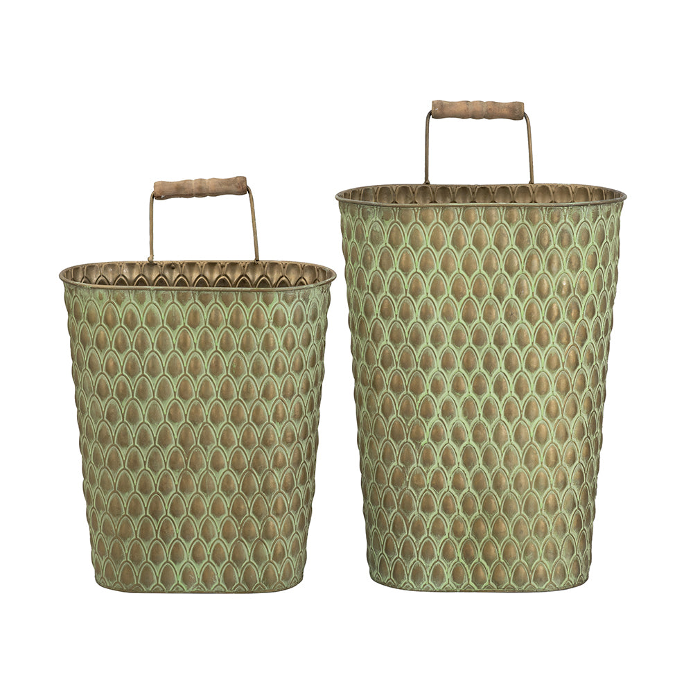S/2 Textured Green Iron Hanging Planters with Arched Handles Media 2
