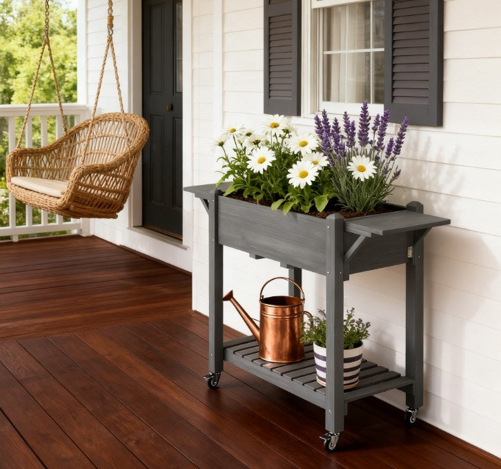 Elevated Garden Bed,Wood Raised Planter Box,with Lockable Wheels,Side Tables,Bottom Shelf,Drain Holes Media 4