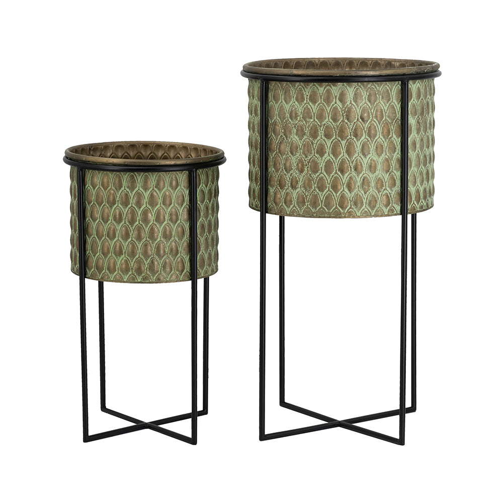 S/2 Textured Green Iron Planters with Sleek Black Stands Media 4