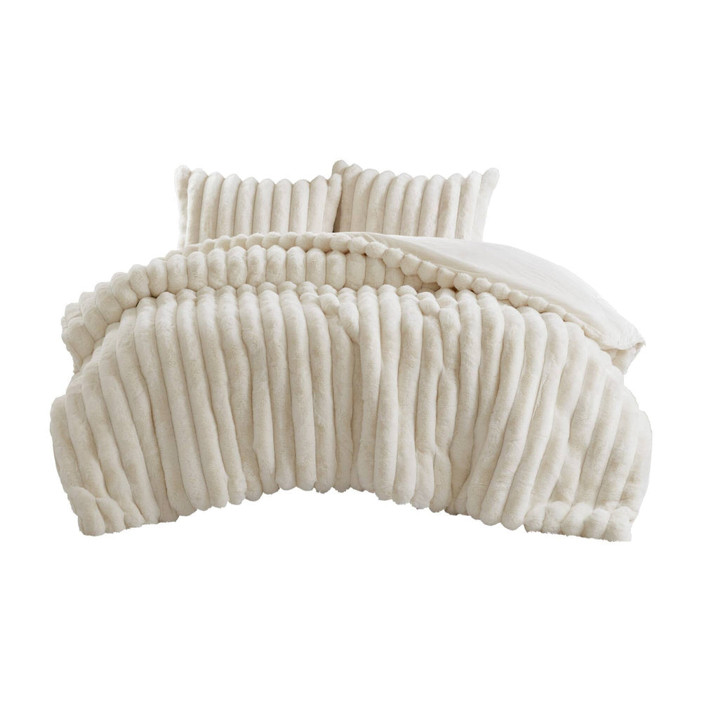 3-Piece King  soft Faux Fur Ribbed Comforter Set,Ivory Media 8