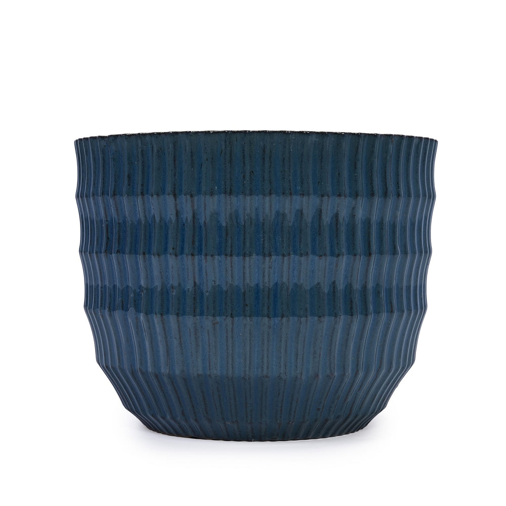 Handmade Denim Blue Glaze Ceramic Planter Set of 4, 7/9/12/14 Inch, Horizontal Grooves, Indoor & Outdoor Herb Succulent Pots, Breathable Clay with Drainage Holes Media 9