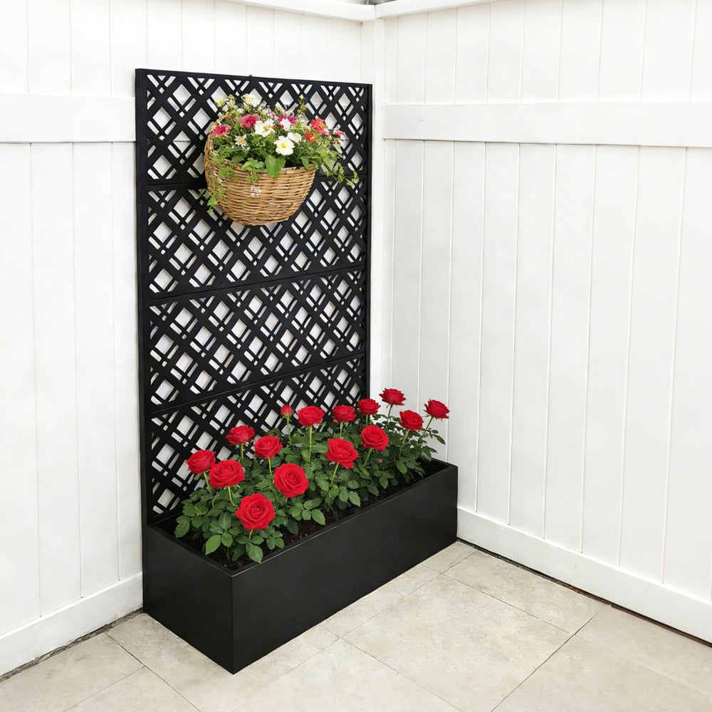Rhombus Black Metal Planter Raised Garden Bed with Trellis 70.9in H x 43.3in W x 15.8in D for Climbing Plants Flowers Vegetables, Galvanized Iron with Drainage Holes Media 7