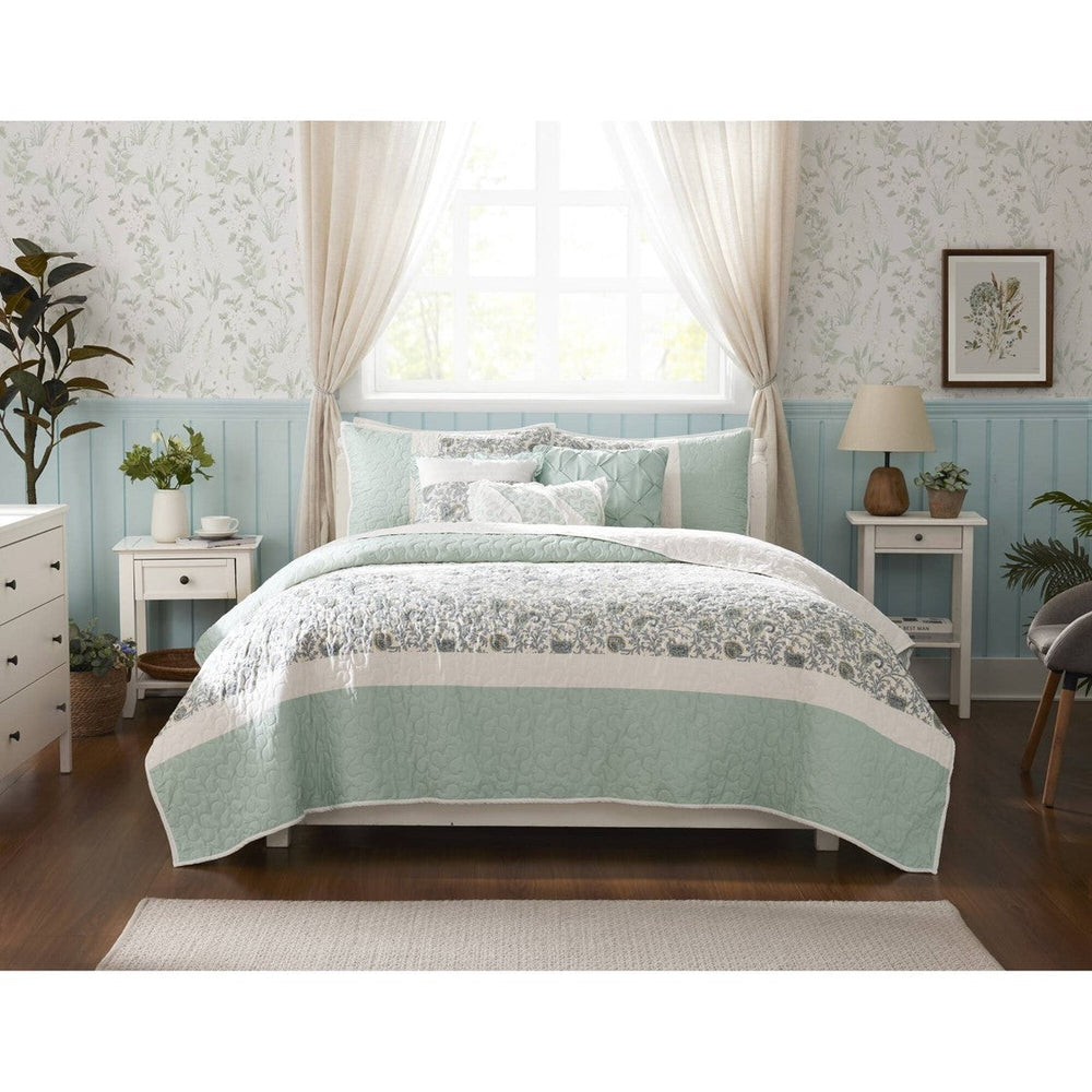 6 Piece Cotton Percale Quilt Set with Throw Pillows Aqua King/Cal King Media 13