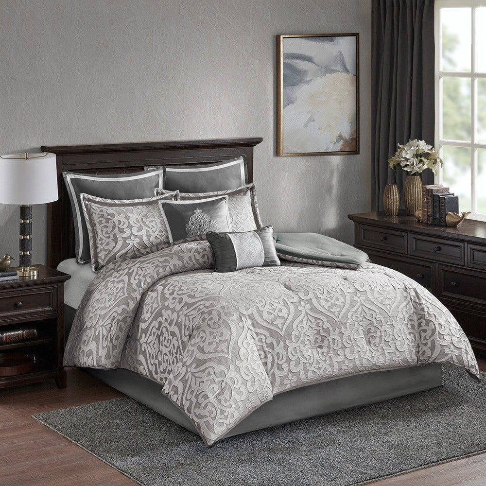 8 Piece Jacquard Comforter Set Silver/Silver Cal King Media 1