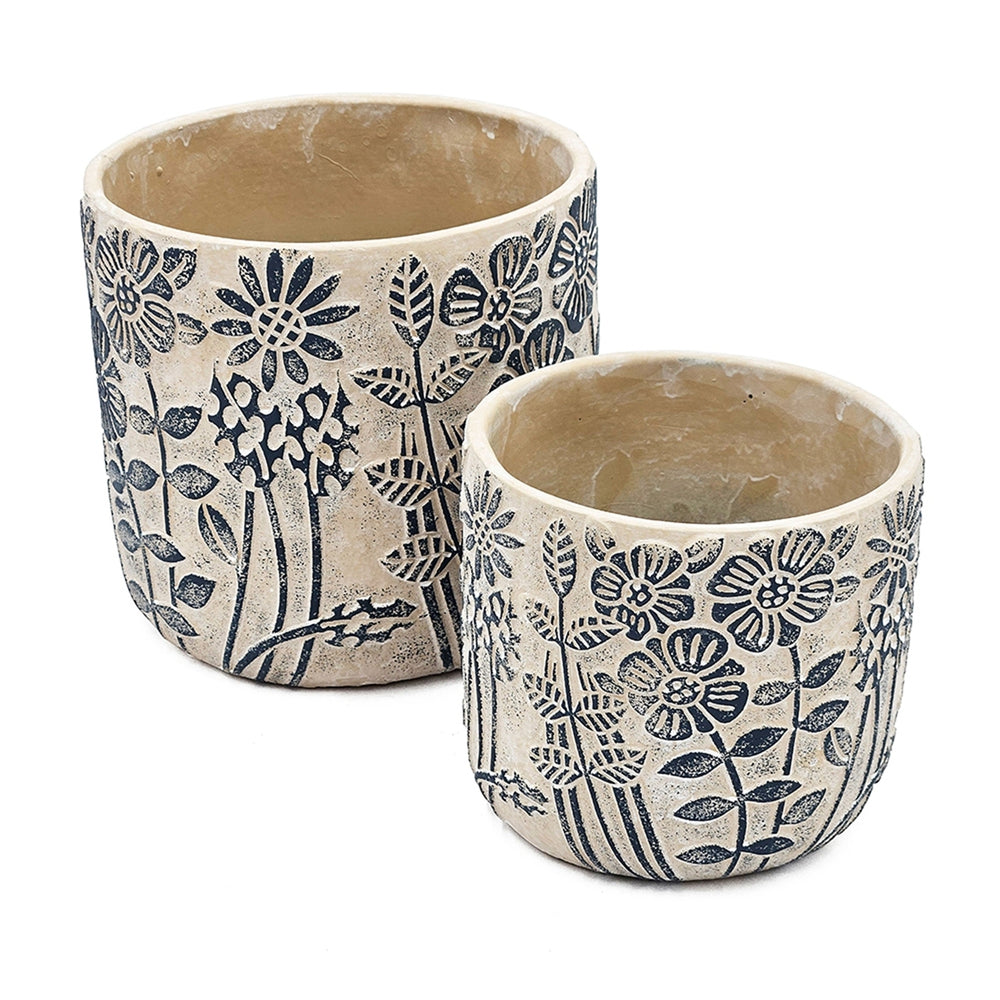 S/2 Gray Sand and Cement Planters with Blue Floral Motif, L:D7x6.7' S:D5.5x5' Media 3