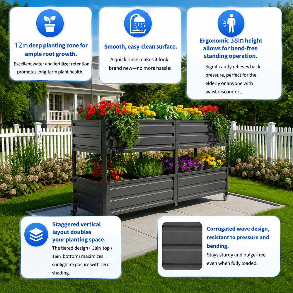 Dual Tier Elevated Metal Raised Garden Bed with Lockable Wheels, Staggered 2-Layer Raised Planter Box for Vegetables Herbs Flowers, Outdoor Patio Backyard Green Planting Bed,Grey Media 8
