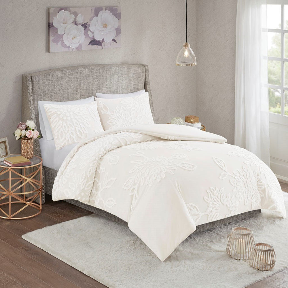 Full/Queen 3 Piece Tufted Cotton Chenille Floral Duvet Cover Set Media 8