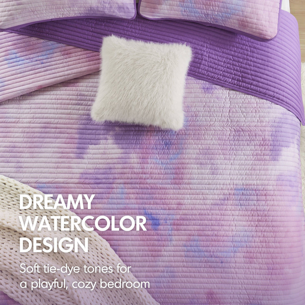 3 Pieces Twin/Twin XL Watercolor Tie Dye Printed Quilt Set with Throw Pillow,Purple Media 7