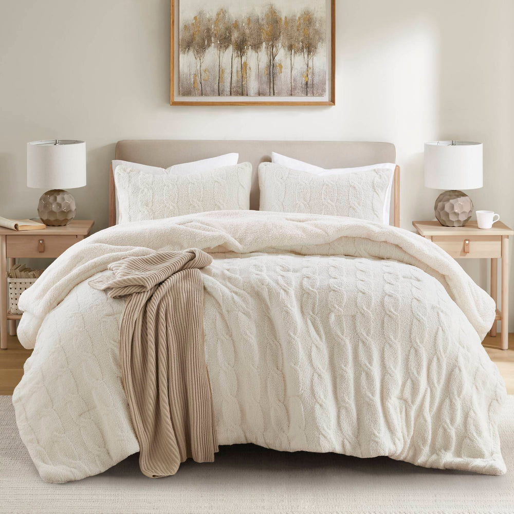 3 Pieces Full/Queen Cable Knit Chenille Comforter Set,Ivory Media 19