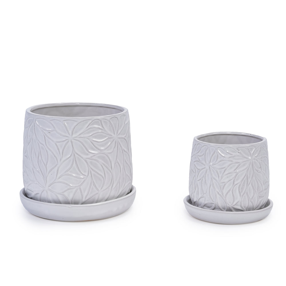 Handmade White Glossy Ceramic Planter Set of 2, 6' & 8' Diameter, Leaf Pattern Design, for Succulents and Herbs Indoor/Outdoor Shelf & Table Use, Breathable Clay with Saucers Media 4