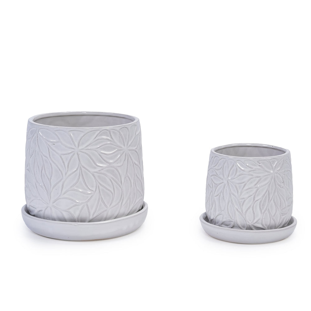 Handmade White Glossy Ceramic Planter Set of 2, 6' & 8' Diameter, Leaf Pattern Design, for Succulents and Herbs Indoor/Outdoor Shelf & Table Use, Breathable Clay with Saucers Media 4