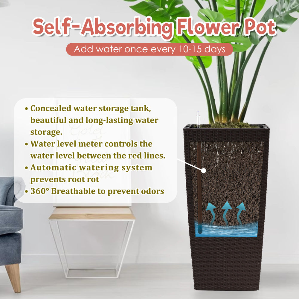 Brown Faux Rattan Large Self-Watering Flower Pot with Drainage Holes & Inner Tray, 30 in Tall Indoor Outdoor Planter for Garden Patio Porch Backyard Media 4