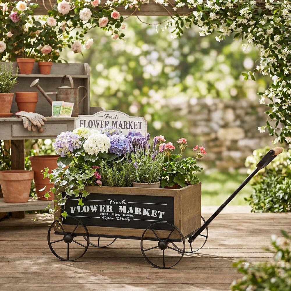 16.5x9.5x8' Rustic Wooden Wagon Planter with Black Iron Wheels and Handle Media 7