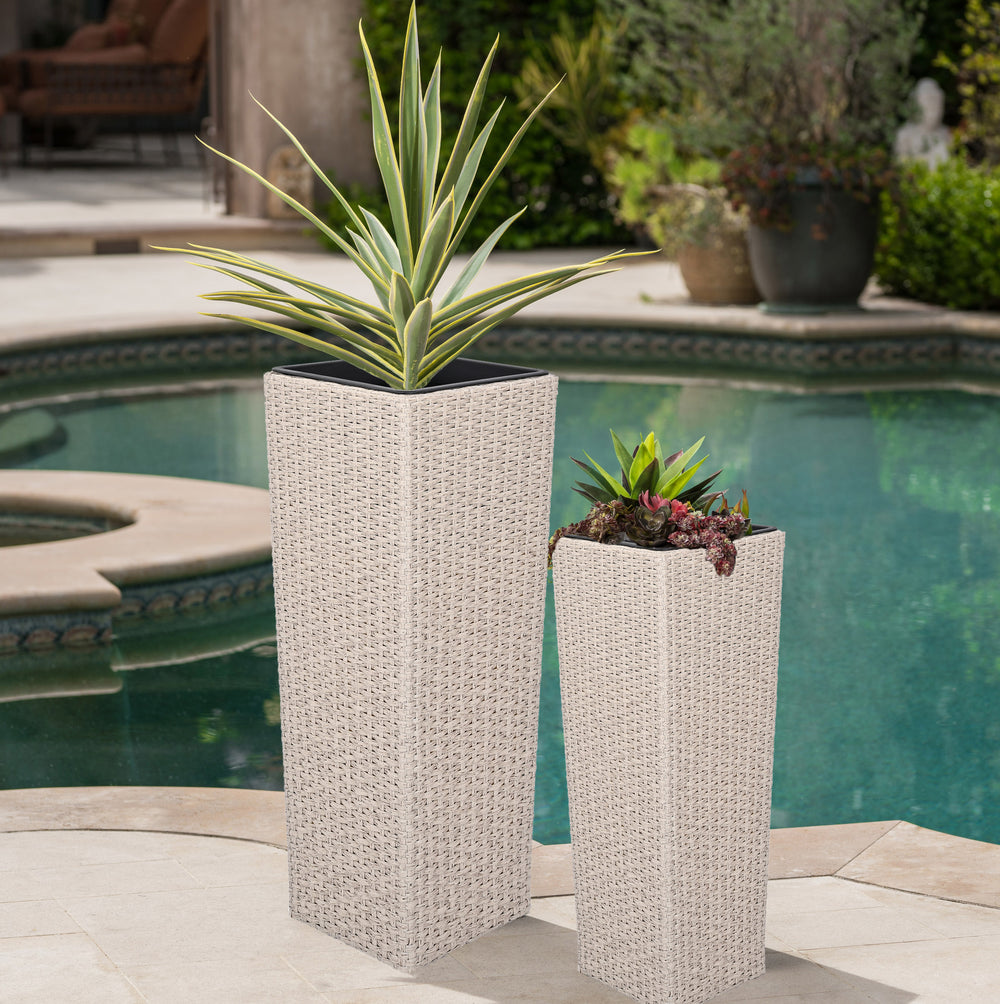 Outdoor PE Wicker Flower Pots, 2-Pcs Set, Beige Media 9
