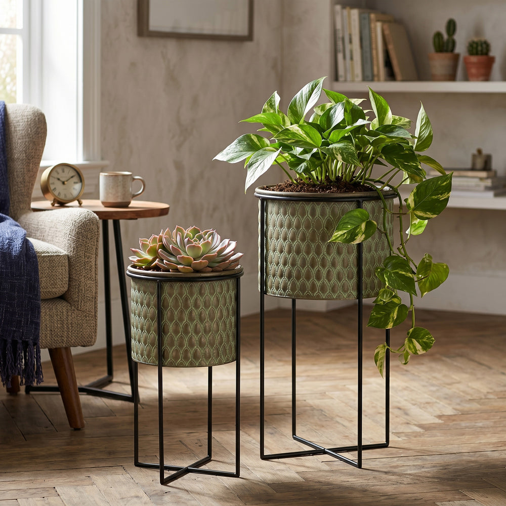 S/2 Textured Green Iron Planters with Sleek Black Stands Media 7