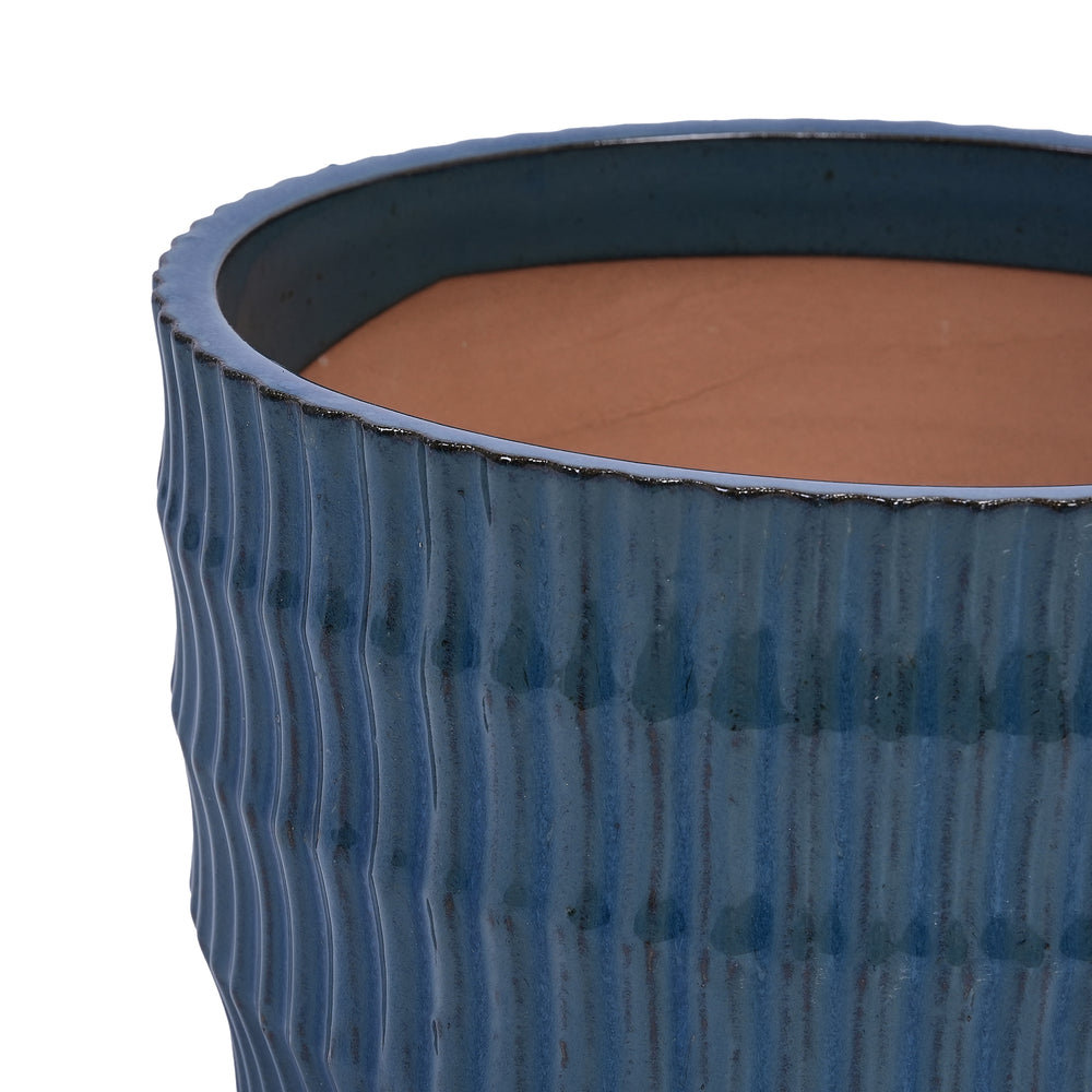 Handmade Denim Blue Glaze Ceramic Planter Set of 4, 7/9/12/14 Inch, Horizontal Grooves, Indoor & Outdoor Herb Succulent Pots, Breathable Clay with Drainage Holes Media 14