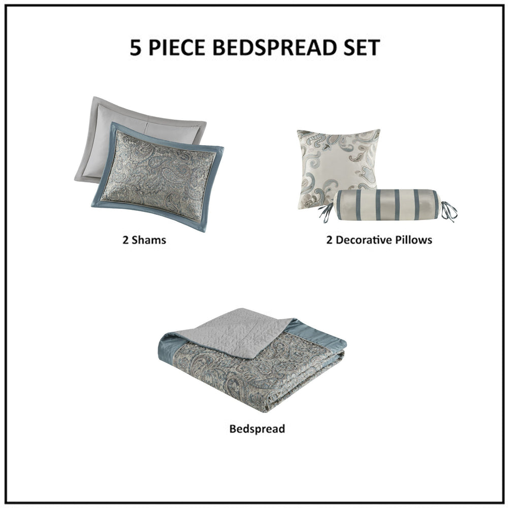 5 Piece Jacquard Bedspread Set with Throw Pillows Teal Queen Media 2