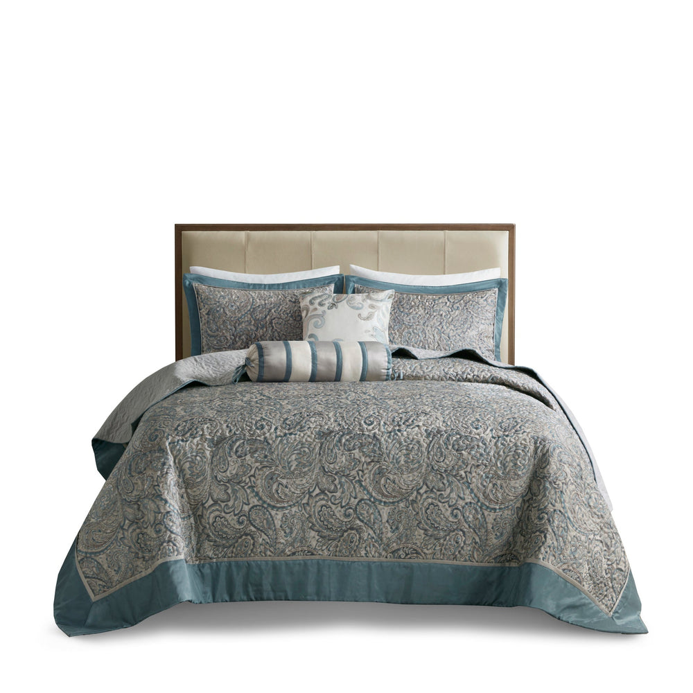 5 Piece Jacquard Bedspread Set with Throw Pillows Teal King Media 9