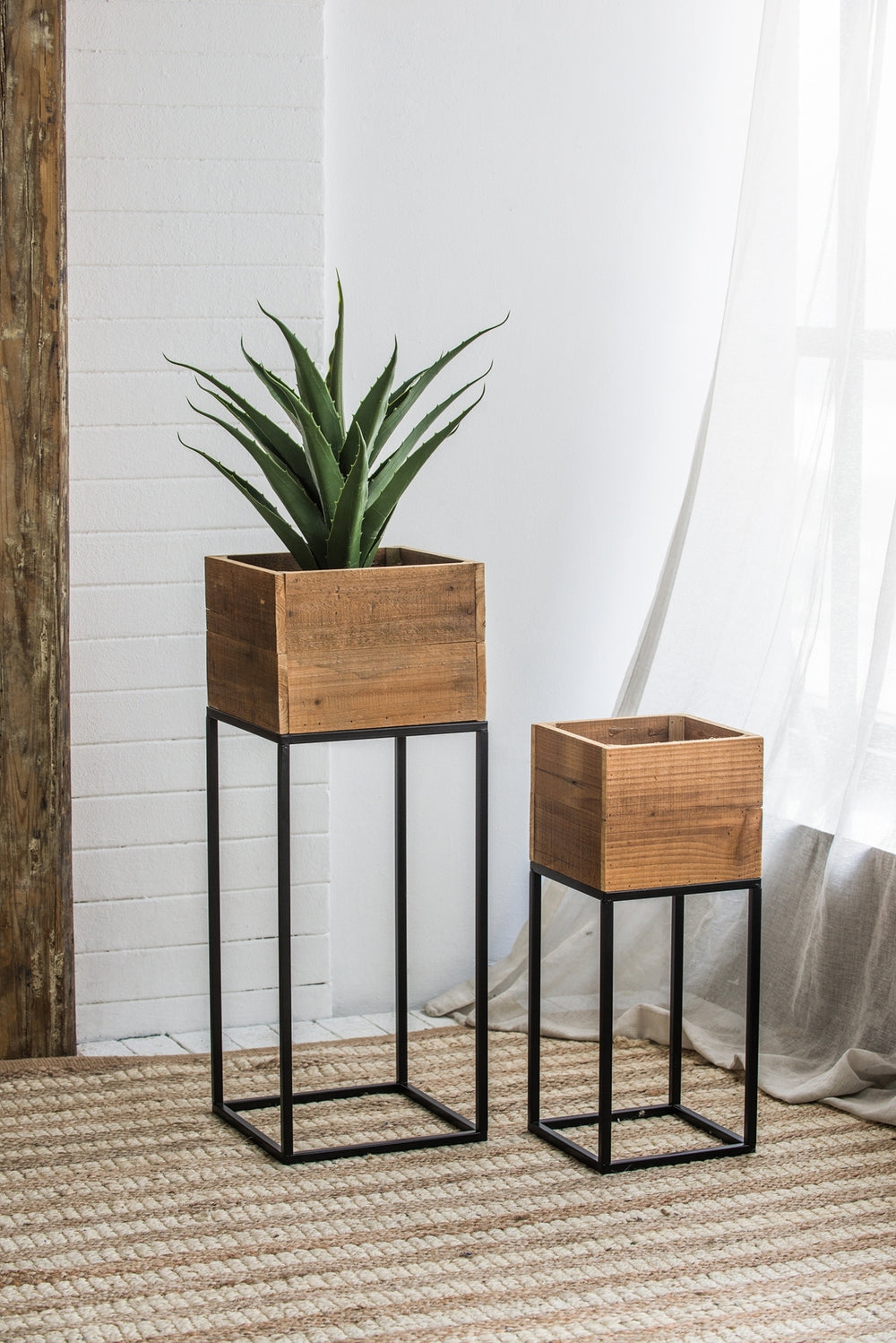 Set of 2 Reclaimed Wooden Box With Black Iron Stand, L:11x11x29.5' S:8.5x8.5x21.5' Media 1
