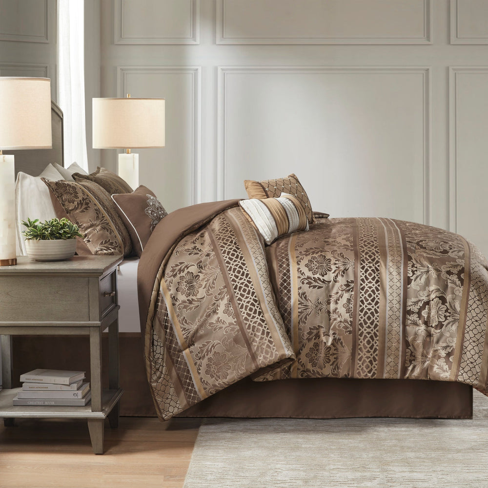 7 Piece Jacquard Comforter Set Brown/Gold King Media 7