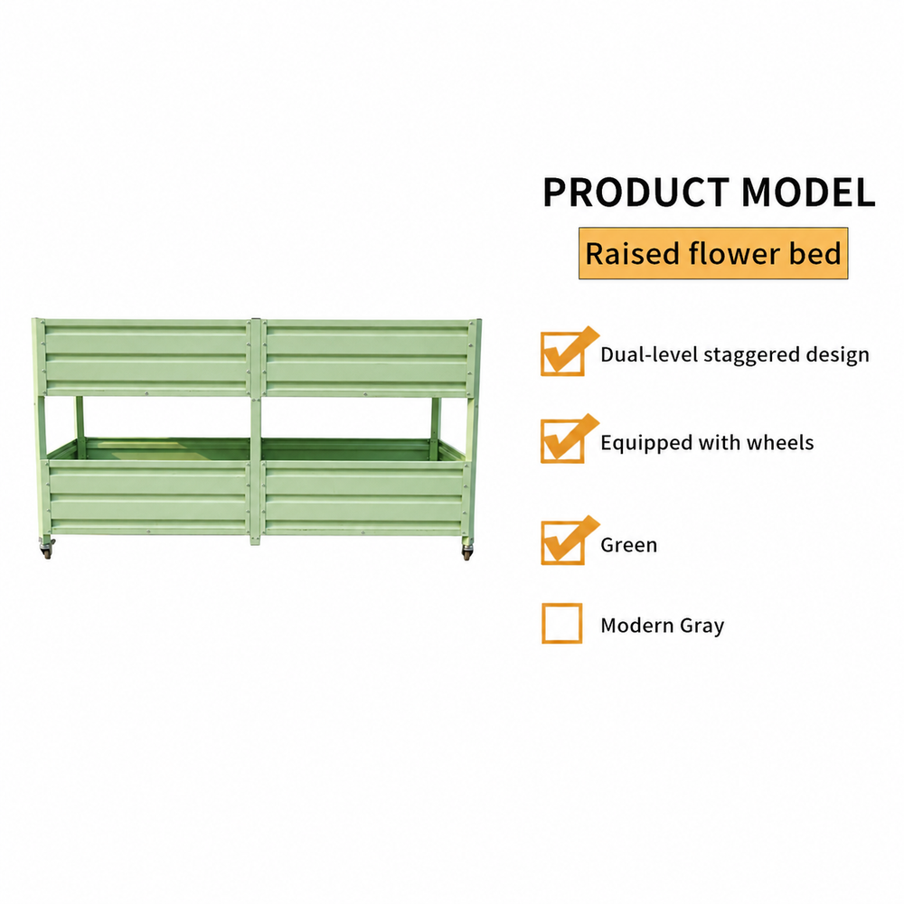 Dual Tier Elevated Metal Raised Garden Bed with Lockable Wheels, Staggered 2-Layer Raised Planter Box for Vegetables Herbs Flowers, Outdoor Patio Backyard Green Planting Bed,Green Media 8