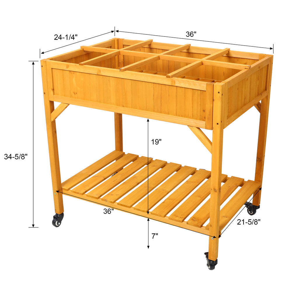 Elevated 8 Pocket Herb Garden Bed, Mobile Raised Customizable Wood Planter for Herbs, Vegetables, Flowers w/ Lockable Wheels, Storage Shelf, Drainage Holes Media 16