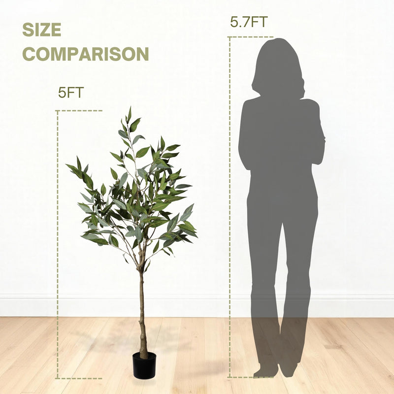 5FT Realistic Artificial Eucalyptus Tree in Black Plastic Pot with Lush Green Fabric Leaves, Indoor Potted Faux Plant for Home Office Decor