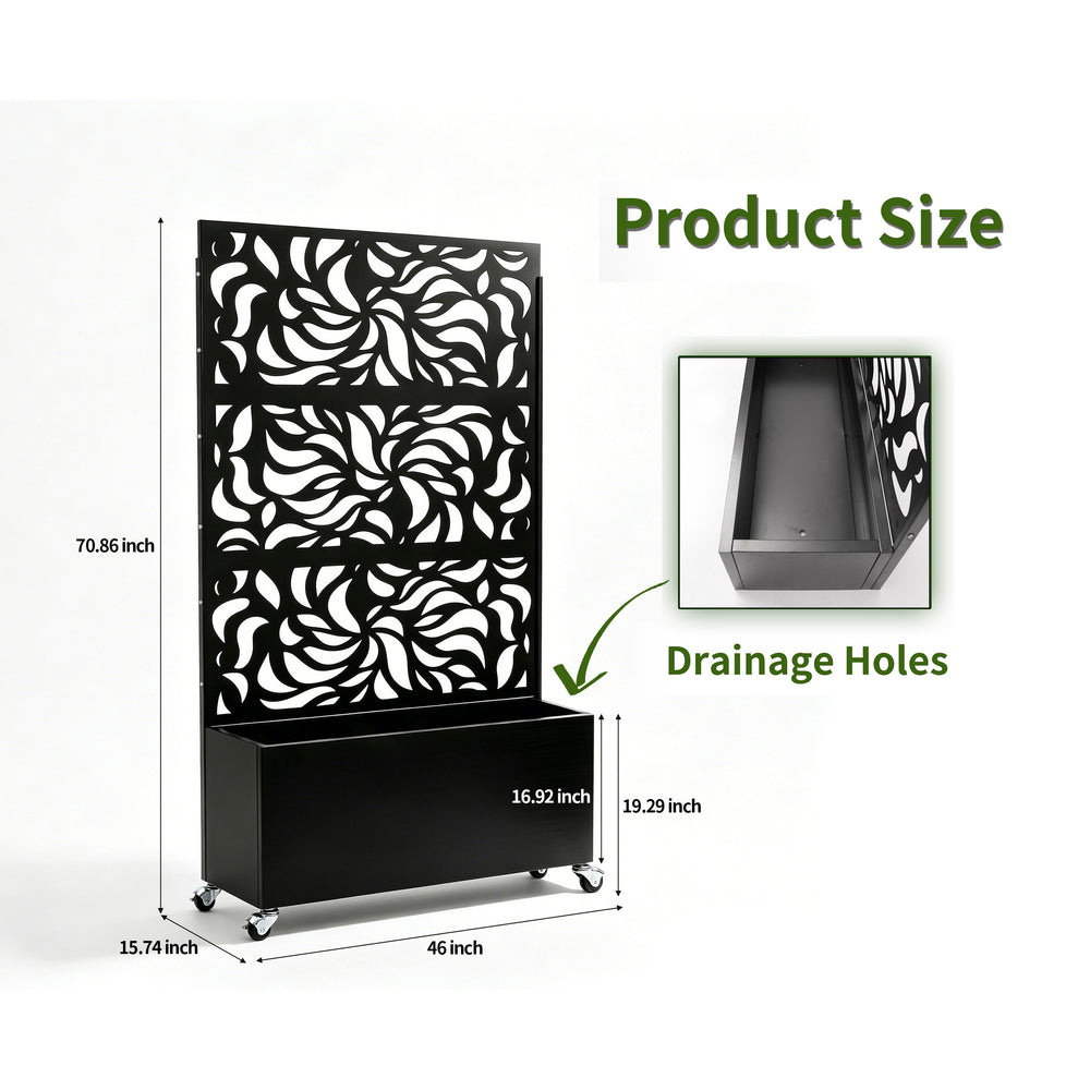 70.87' H × 46.06' W Leaf Pattern Privacy Screen with Planter Box, Black Metal Freestanding Decorative Fence Planter for Patio Balcony Backyard Media 2