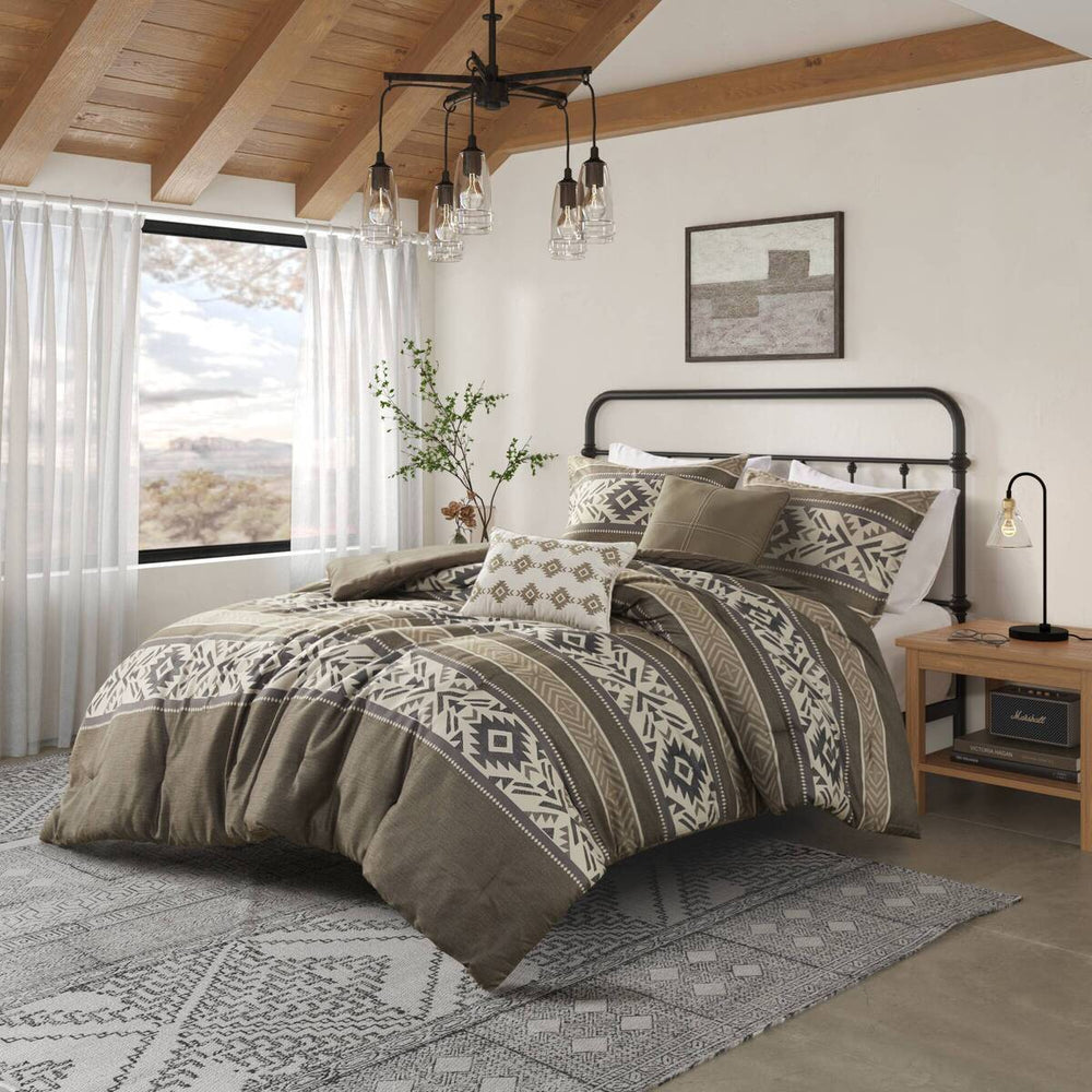 5 Piece Stripe Herringbone Comforter Set with Throw Pillows Brown King/Cal King Media 1