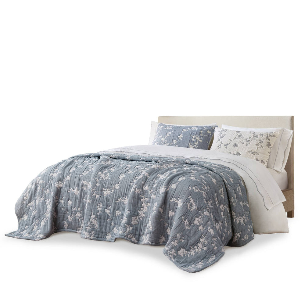 3 Pieces Full/Queen Jacquard Cotton Gauze Quilt Set,Blue Media 11