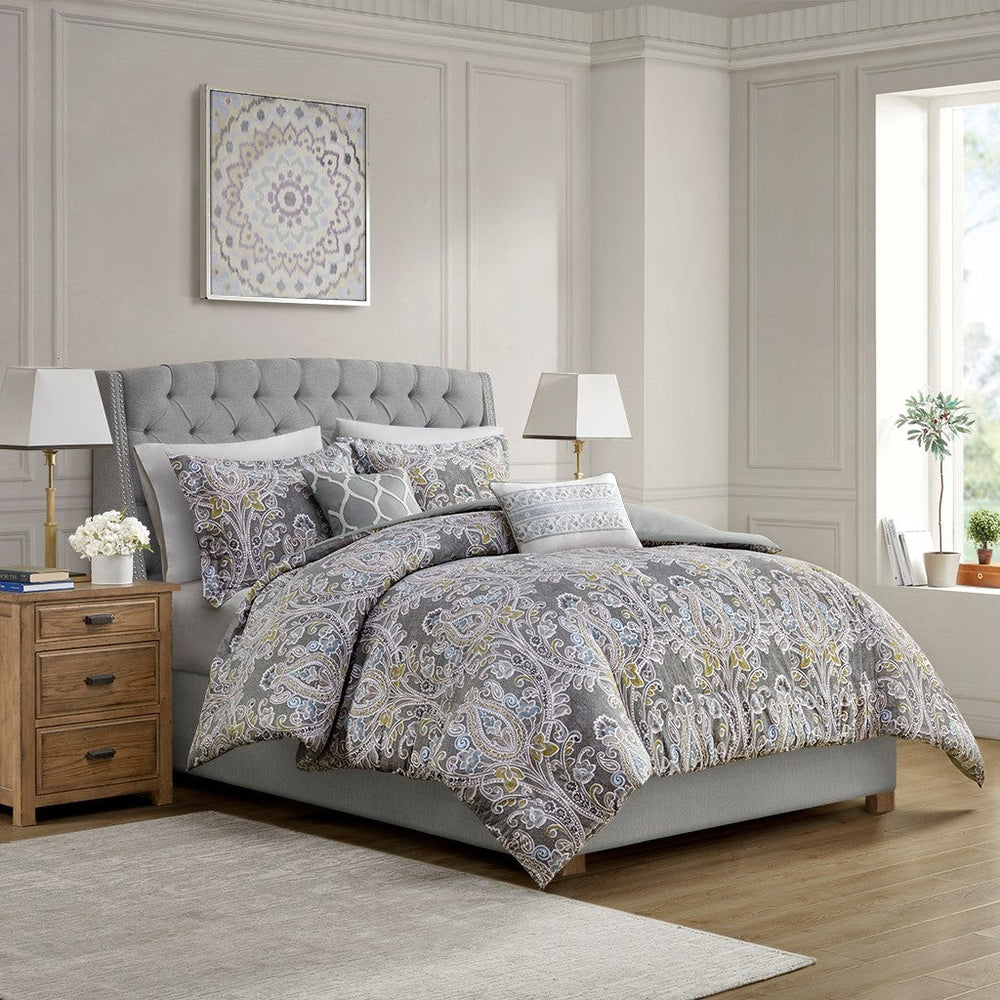 5 Piece Cotton Duvet Cover Set Grey Full/Queen Media 5
