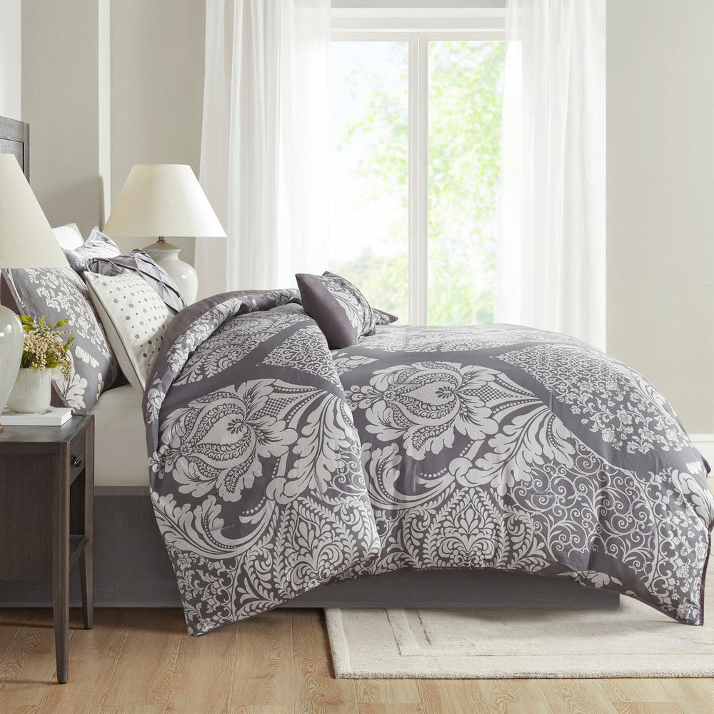 7 Piece Cotton Printed Comforter Set Grey Queen Media 8