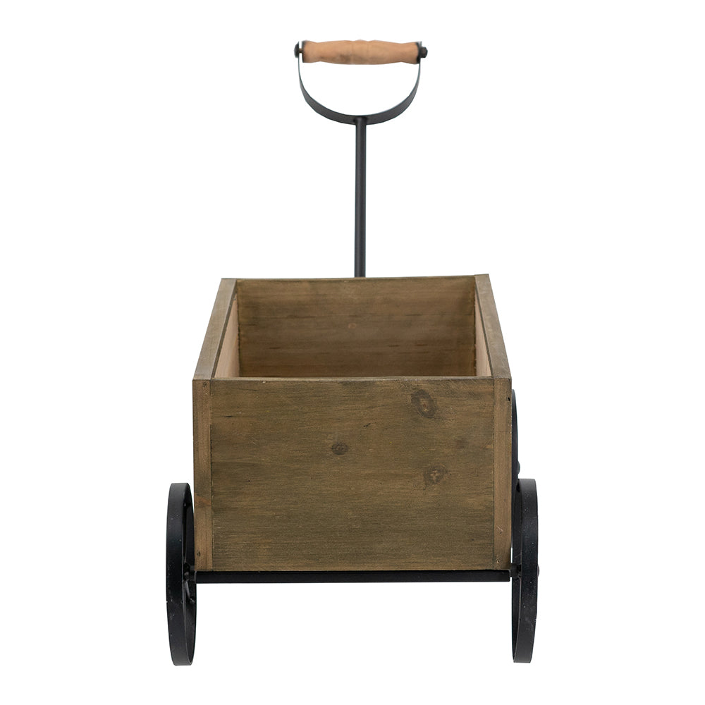 16.5x9.5x8' Rustic Wooden Wagon Planter with Black Iron Wheels and Handle Media 4