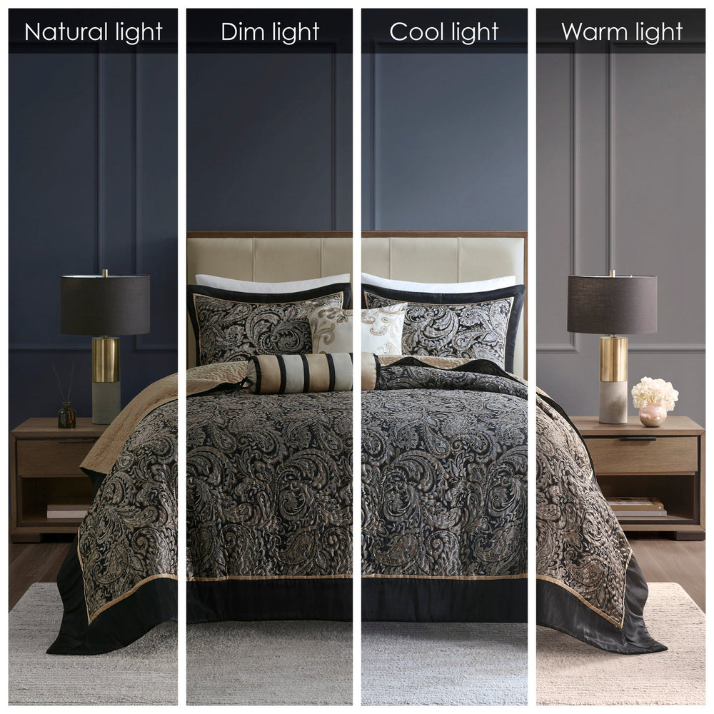 5 Piece Jacquard Bedspread Set with Throw Pillows Black Queen Media 12