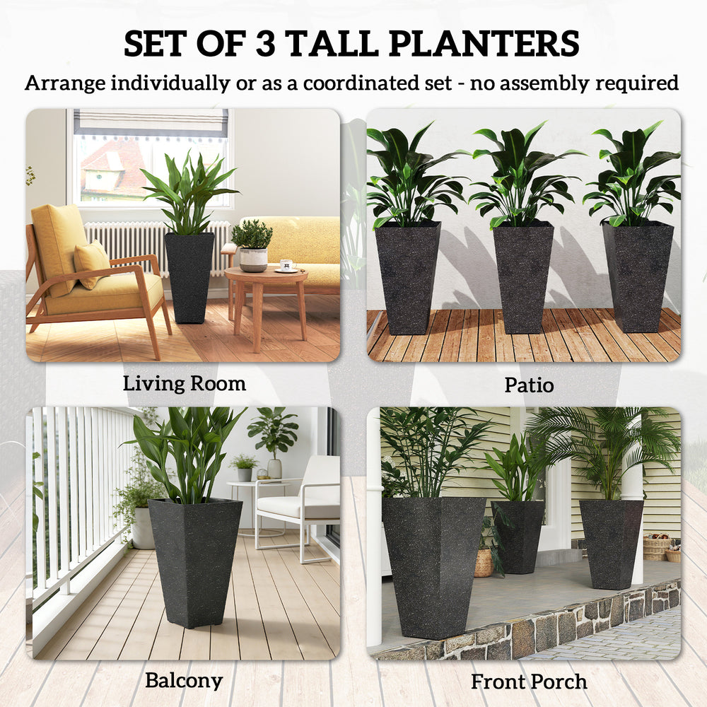 Outsunny 28' Tall Planters, Set of 3 Plastic Flower Pots with Marble Finish and Drainage Holes, Stackable Tapered Outdoor Planters, Black Media 7
