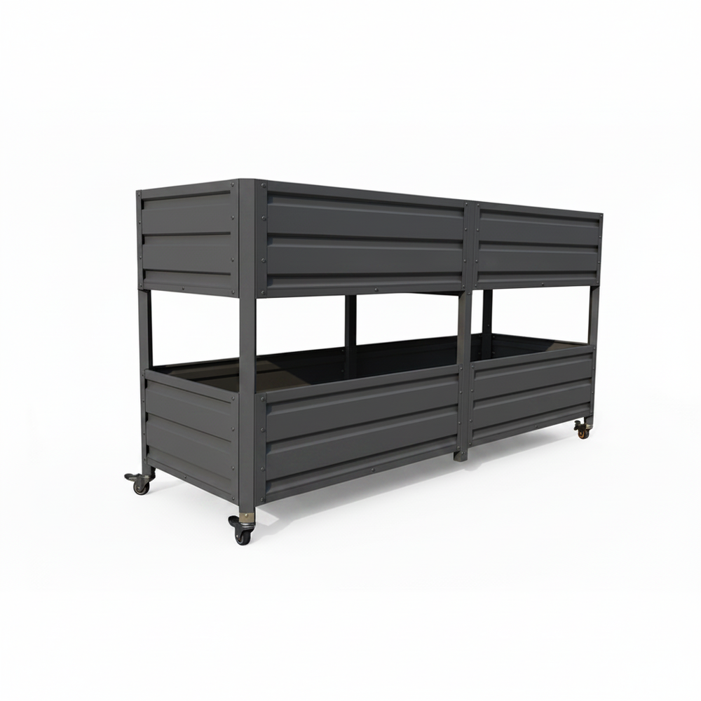 Dual Tier Elevated Metal Raised Garden Bed with Lockable Wheels, Staggered 2-Layer Raised Planter Box for Vegetables Herbs Flowers, Outdoor Patio Backyard Green Planting Bed,Grey Media 15