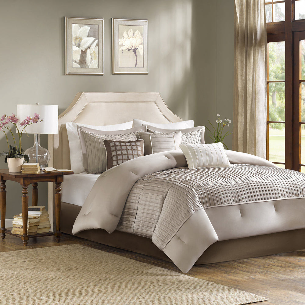 7 Piece Polyester Charmeuse Comforter Set Taupe Cal King Media 1