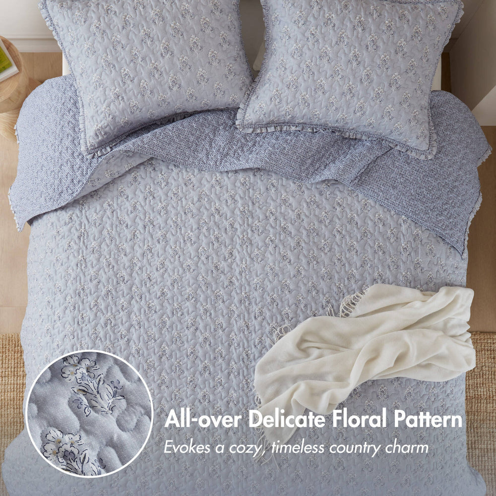 3-Piece Queen 3 Piece Ruffle Printed Quilt Set,Blue Media 5